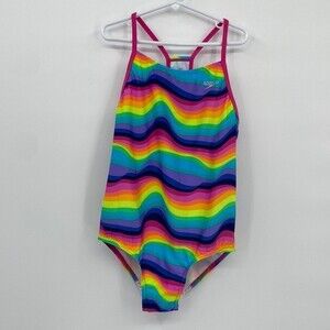 Speedo Girls Stretch Rainbow 🌈 Square Neck Sleeveless One-Piece Swimsuit Large